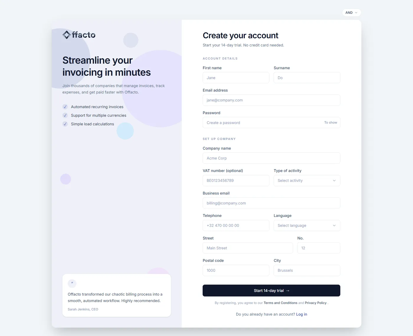 Registratiescherm van Offacto