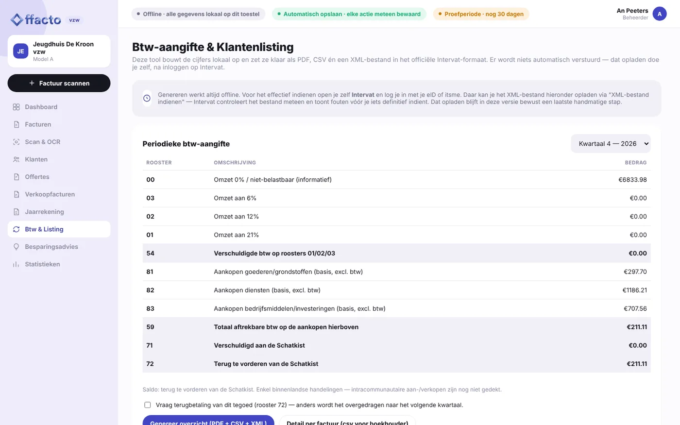 Offacto vzw – Btw-aangifte en klantenlisting